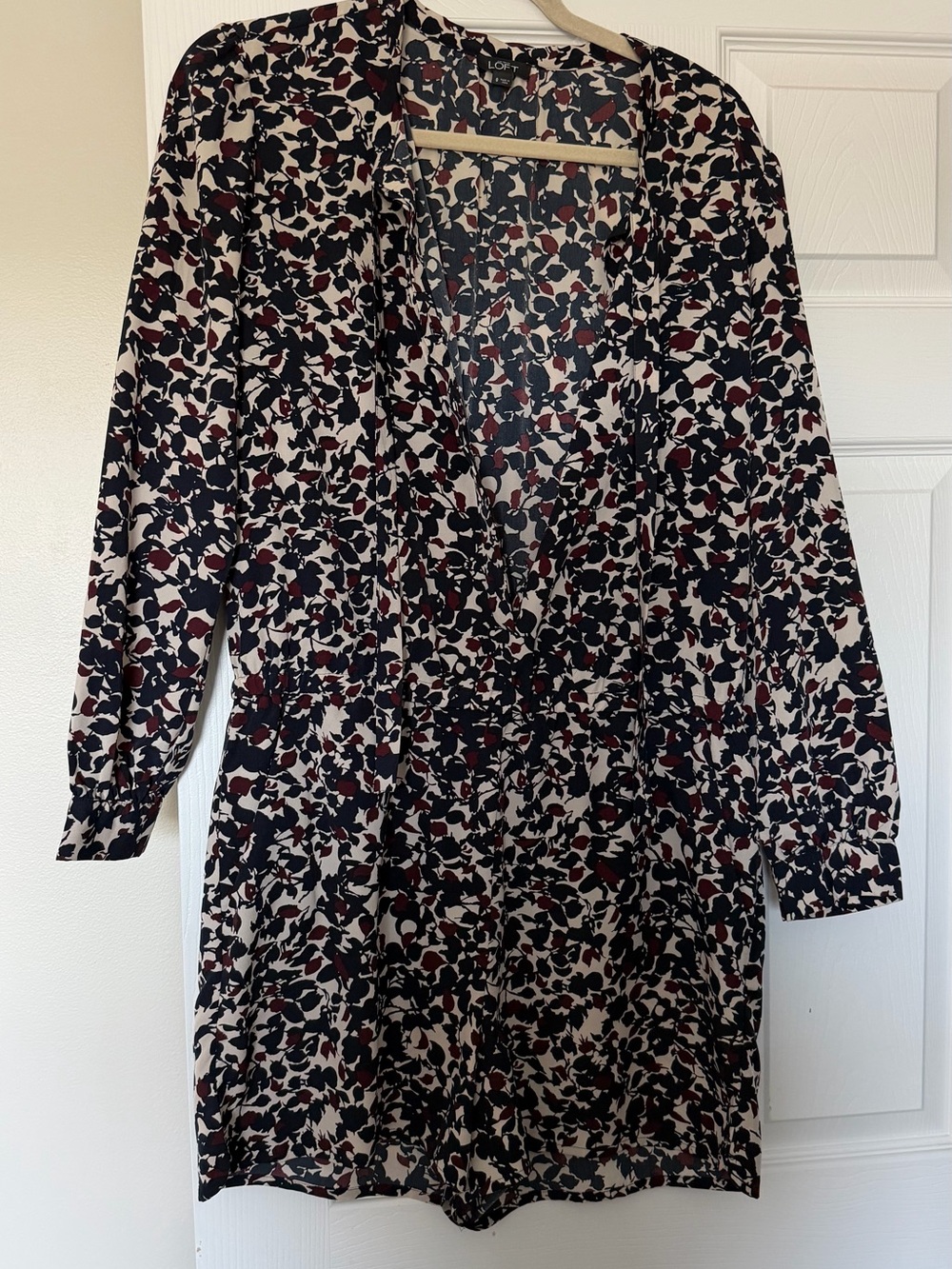 LOFT Black, Cream & Burgundy Floral Wrap Dress
